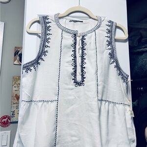 Charming Sleeveless Embroidered Top - White with Black Stitching